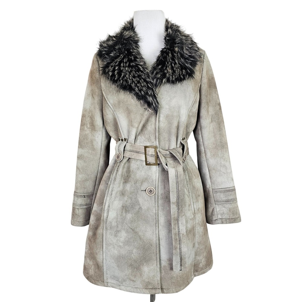 Tasha Polizzi Chatteau Coat Faux Suede M Gray Belted Fur Collar Western Boho